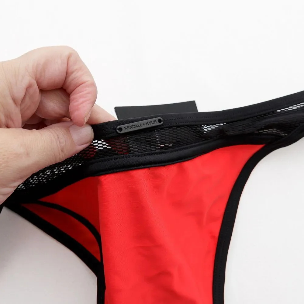 Kendall + Kylie Red and Black Bikini - Solid 2 Tone with Black Mesh‎ Sz Medium